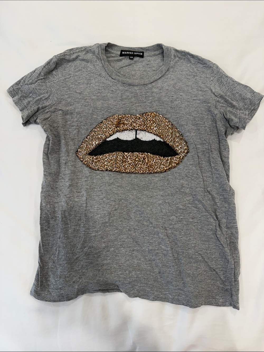 MARKUS LUPFER Gray Tee with Gold Sequin Lip Motif